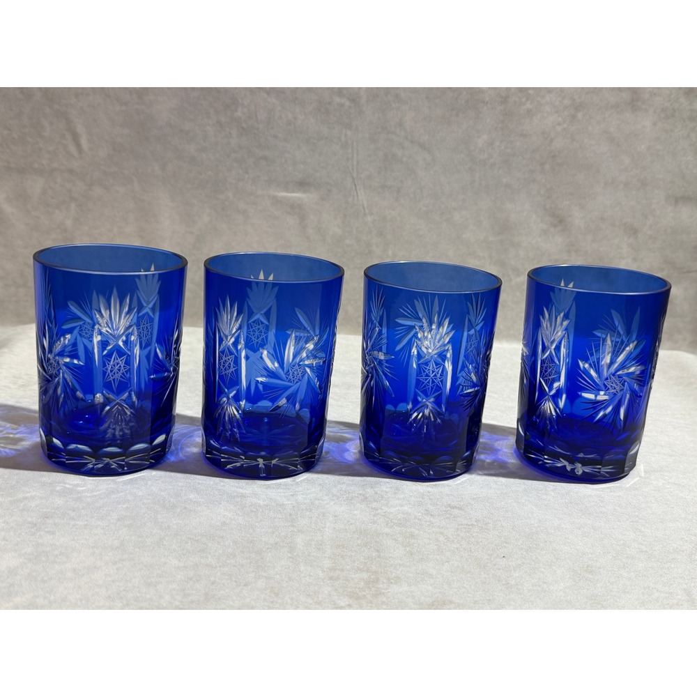 Vintage Bohemian Czech Cobalt Blue Cut to Clear Glass Pitcher and 4 Tumbler Set - Picture 14 of 16